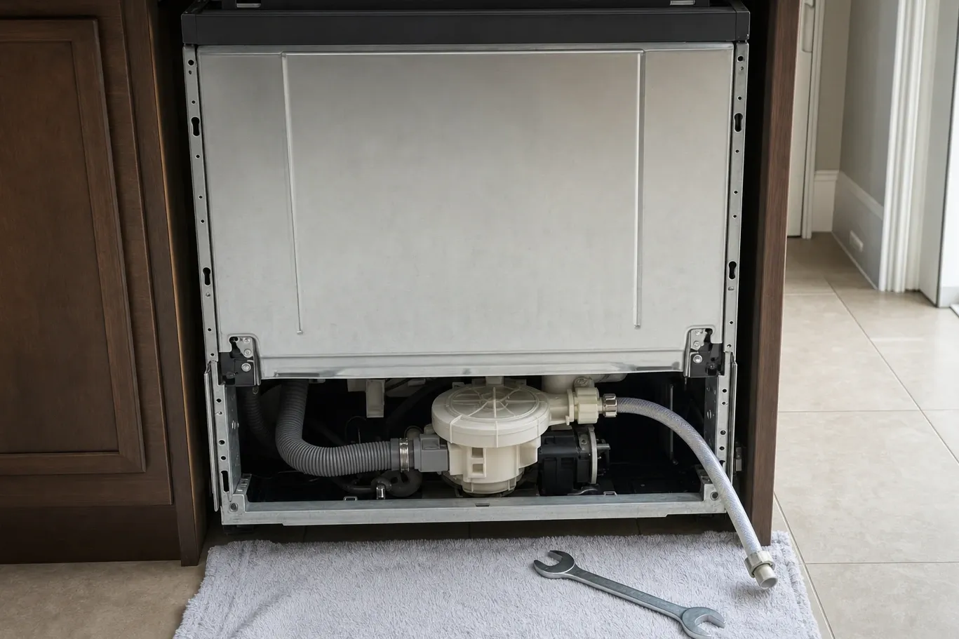 Dishwasher pulled forward with its lower panel off, showing the circulation pump, drain hose and supply line