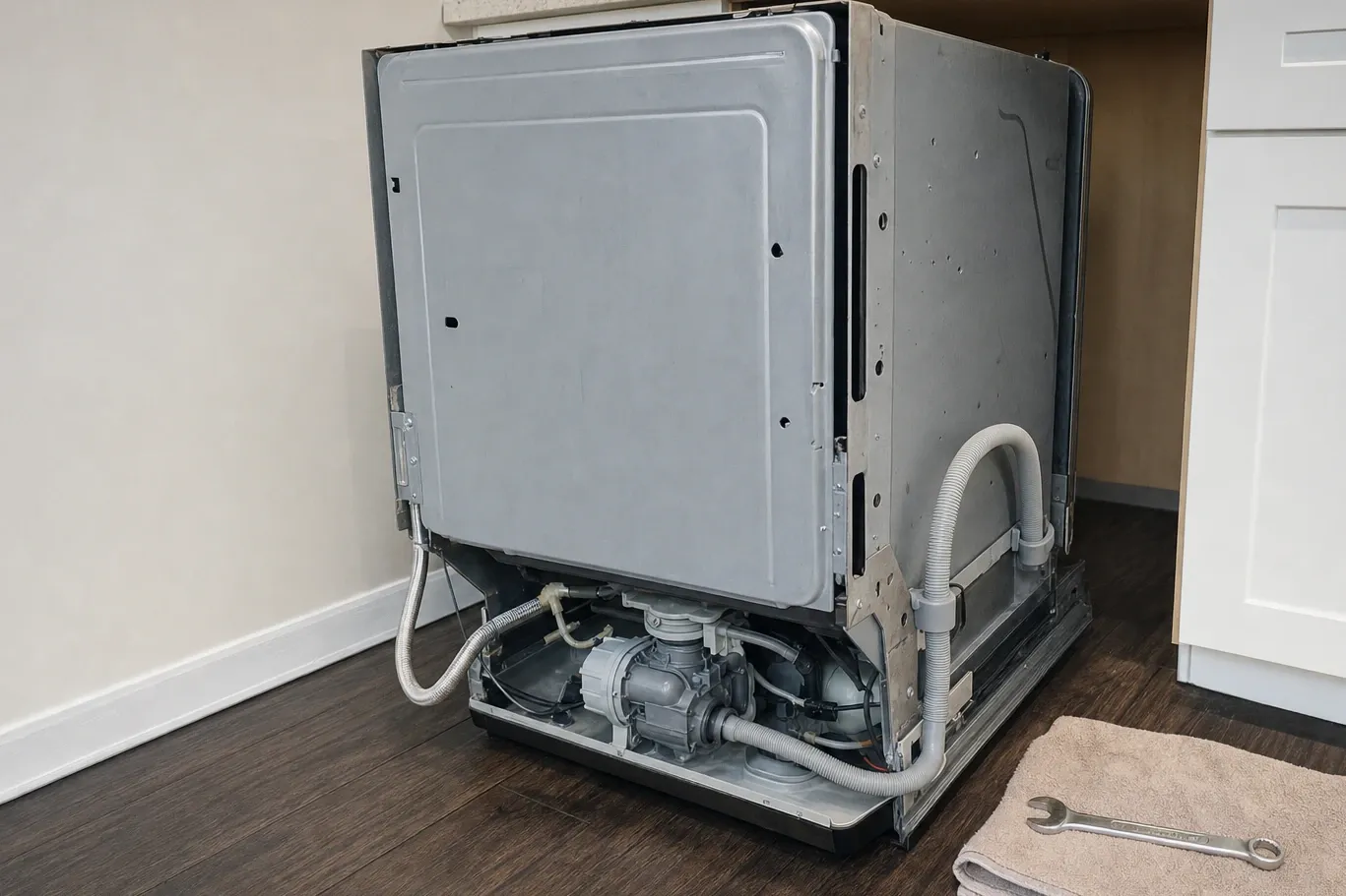 Dishwasher lifted clear of its cabinet opening, bare tub sides and the base sump and pump exposed