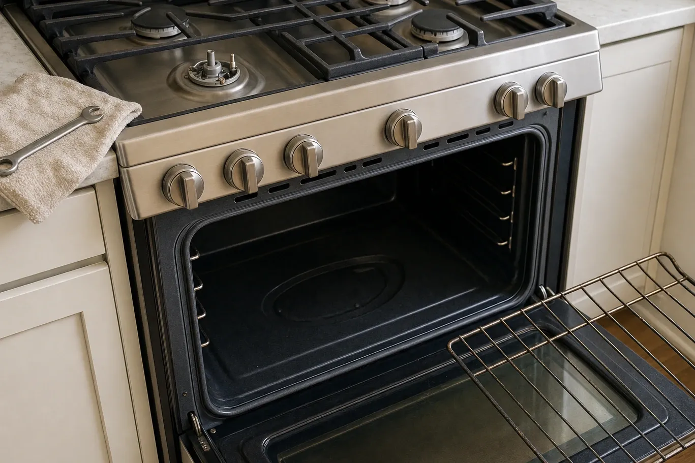 Gas range in a cream kitchen with one burner ring lifted off and the oven open, a rack part way out