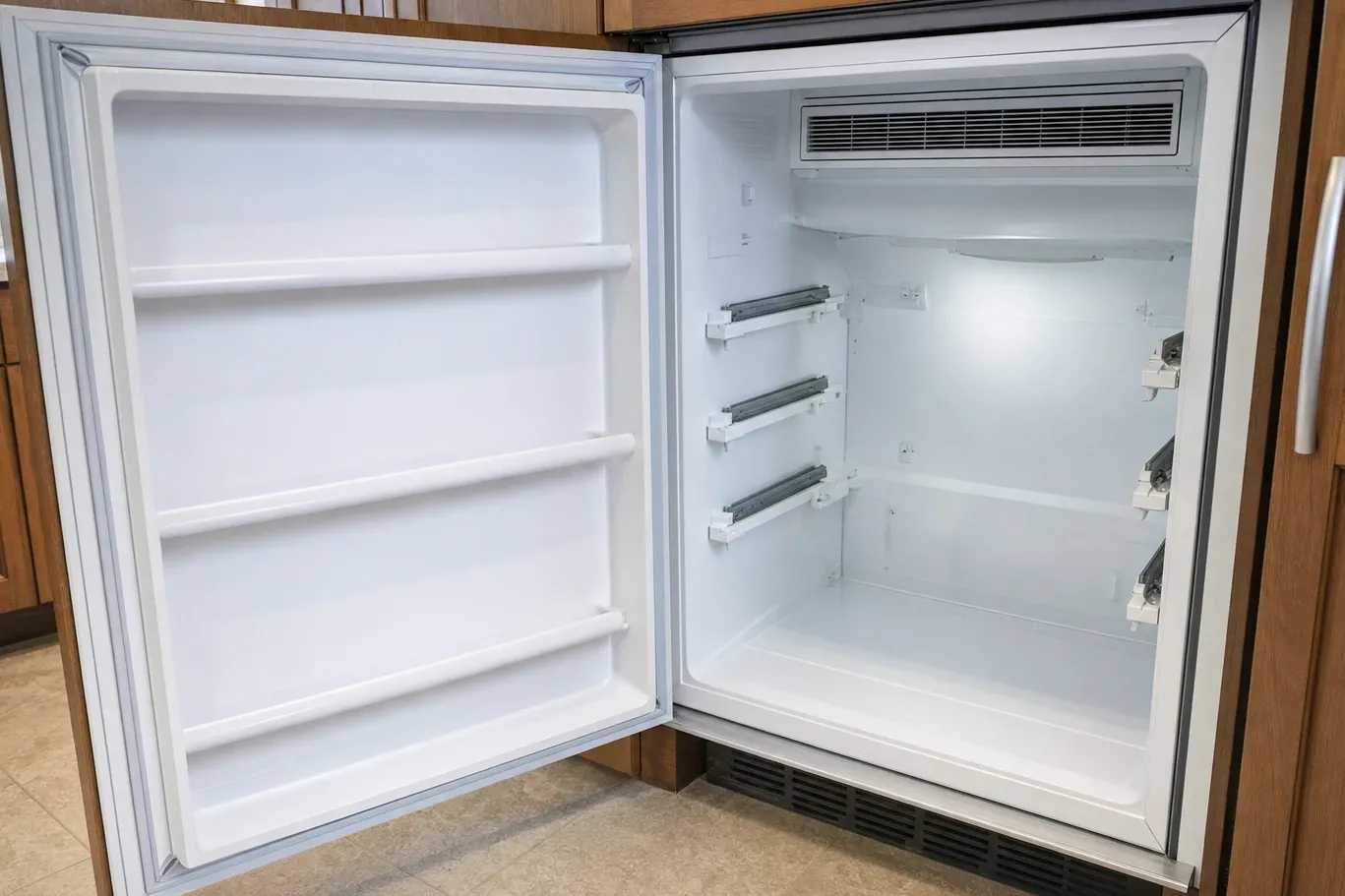 Undercounter refrigerator set into wood cabinetry, door wide open on an empty liner and bare shelf rails