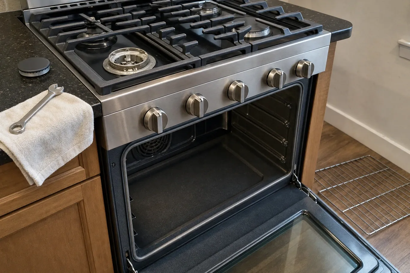 Stainless gas range with a burner cap lifted onto the granite counter and the oven door open beside a wrench